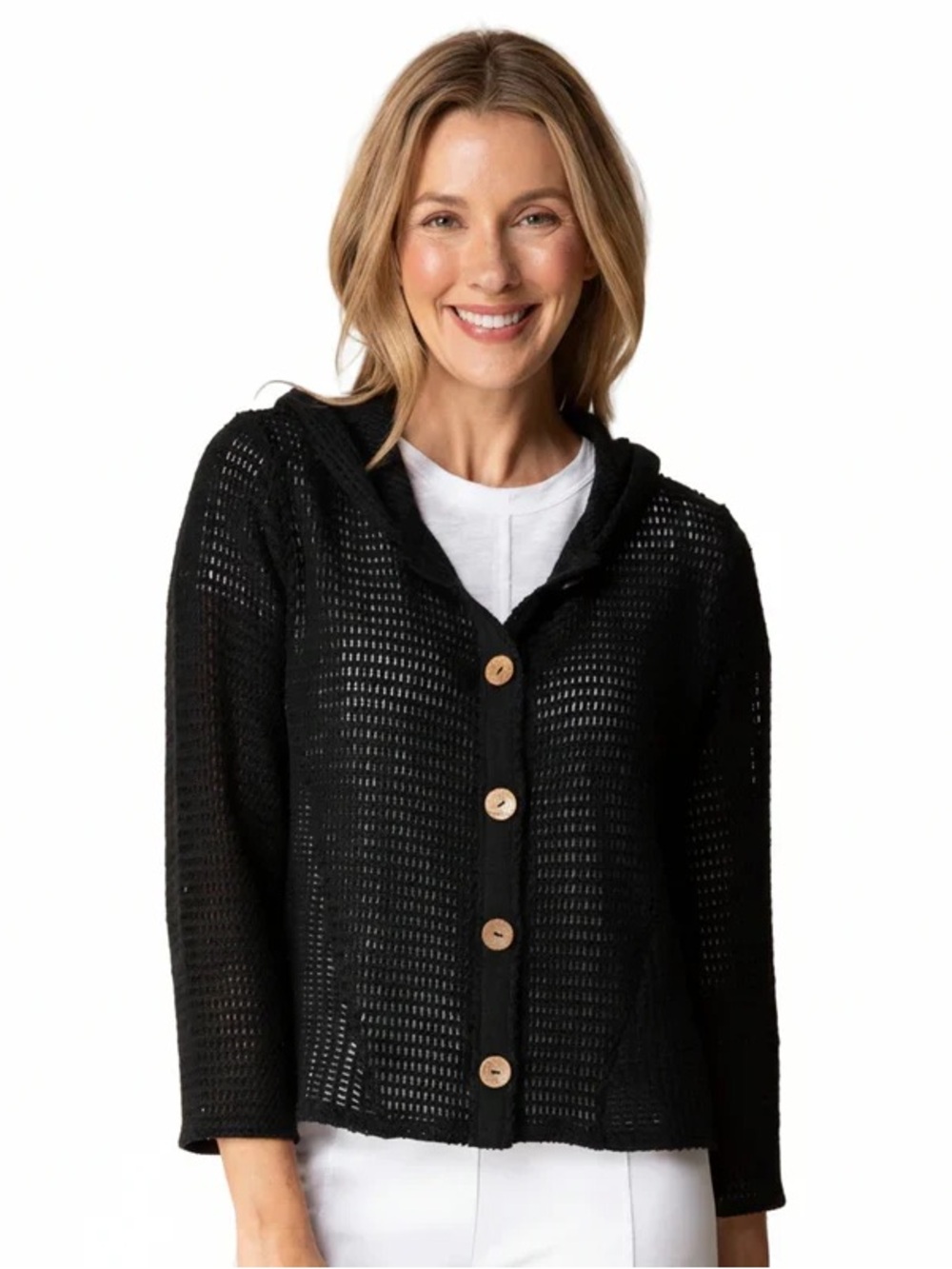 Putorti Black Open-Knit Button Cardigan knit wooden buttons
